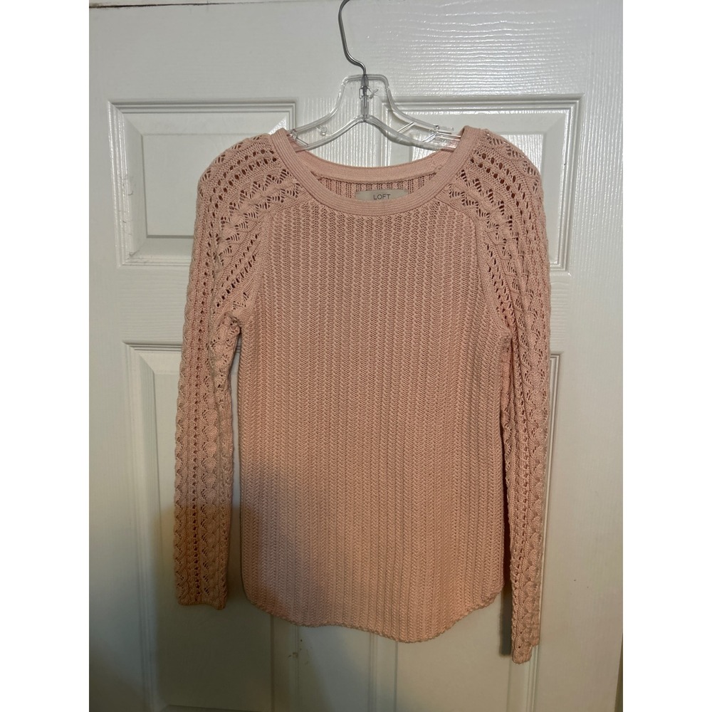 Loft Pink Cotton Ribbed Pointelle Raglan Sleeve Pullover Sweater Small Petite SP